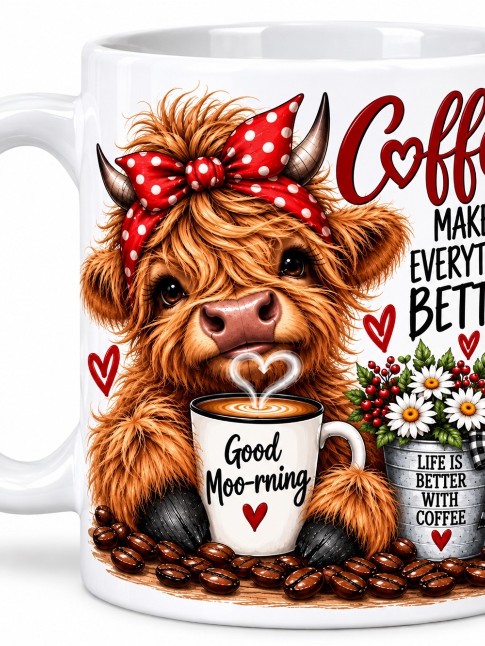 Coffee Lover's White Mug with Cute Brown Highland Cow Design